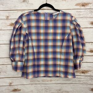Zara Madras Plaid Puff Sleeve Blouse NWT Large